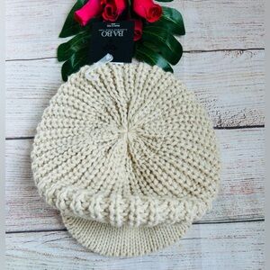 Cream Knit Beanie Newsboy Cap with Brim Boho Funky